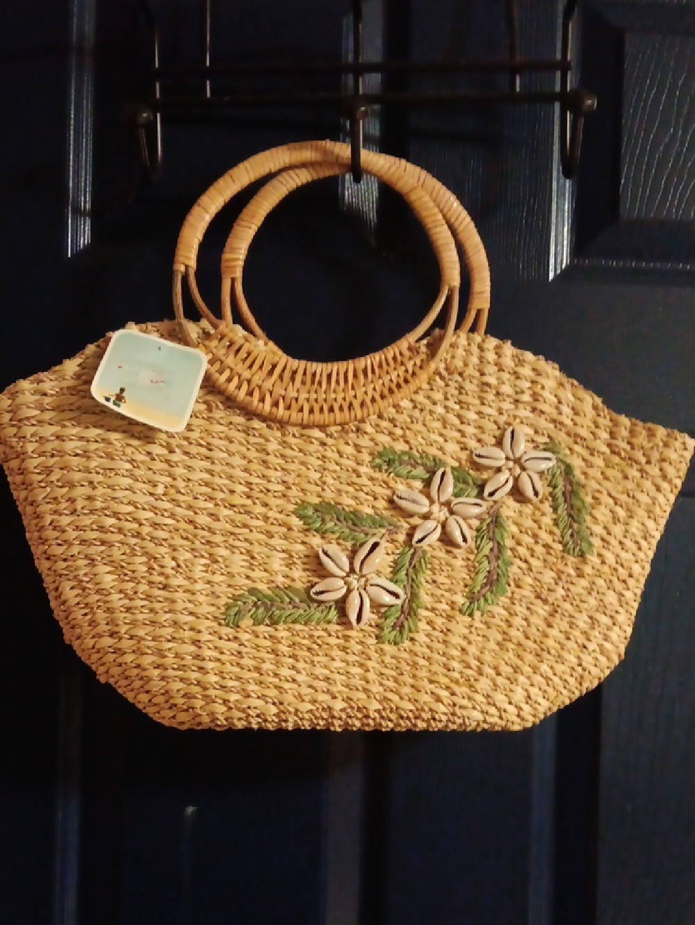 Woven Straw Beach Tote with Shell Flower Accent - Natural